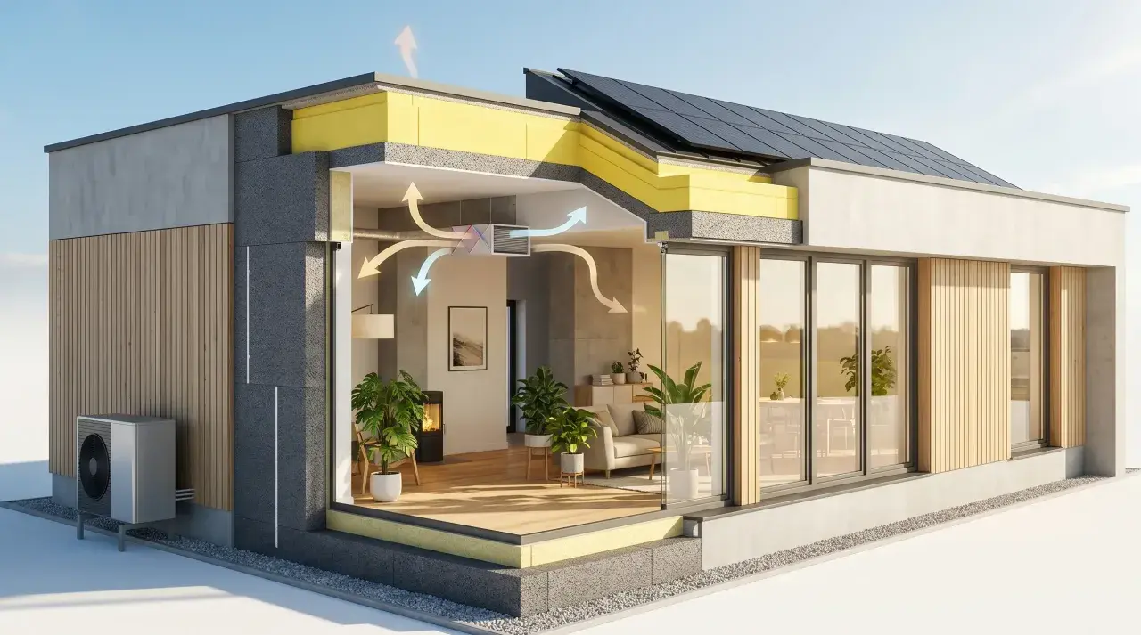 Przekrój nowoczesnego domu pasywnego z widoczną izolacją, rekuperacją i panelami słonecznymi.