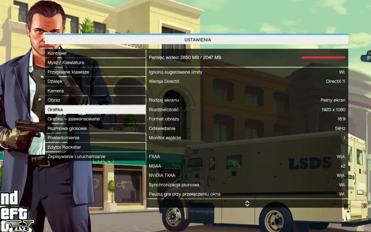 Ustawienia grafiki w GTA V: rozdzielczość 1920 x 1080, pełny ekran, DirectX 11. Idealne do gry w **full hd rozdzielczosc**.