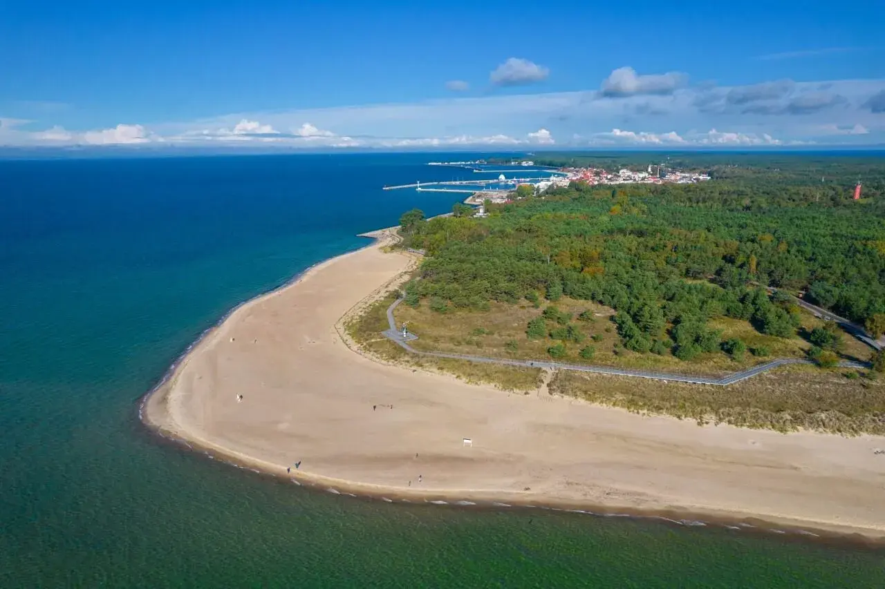 Piękne, piaszczyste plaże i zielone lasy otaczają urokliwe hel miasto. W oddali widać port i zabudowania.