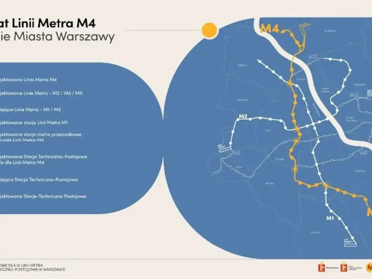 Mapa planowanej 4 linii metra w Warszawie, z zaznaczonymi istniejącymi liniami M1 i M2.
