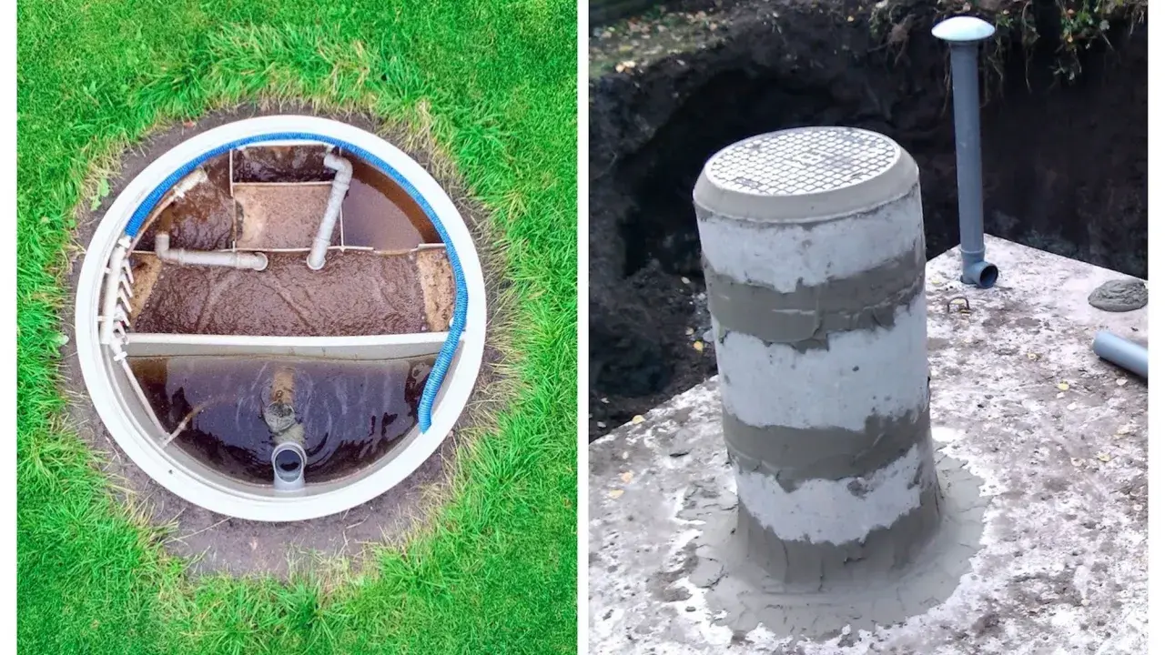 Widok wnętrza szamba i betonowego komina. Wybór między szambem a oczyszczalnią to ważna decyzja.