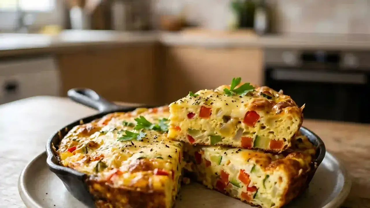 Une délicieuse frittata aux légumes, garnie de persil frais, est servie dans une poêle en fonte.