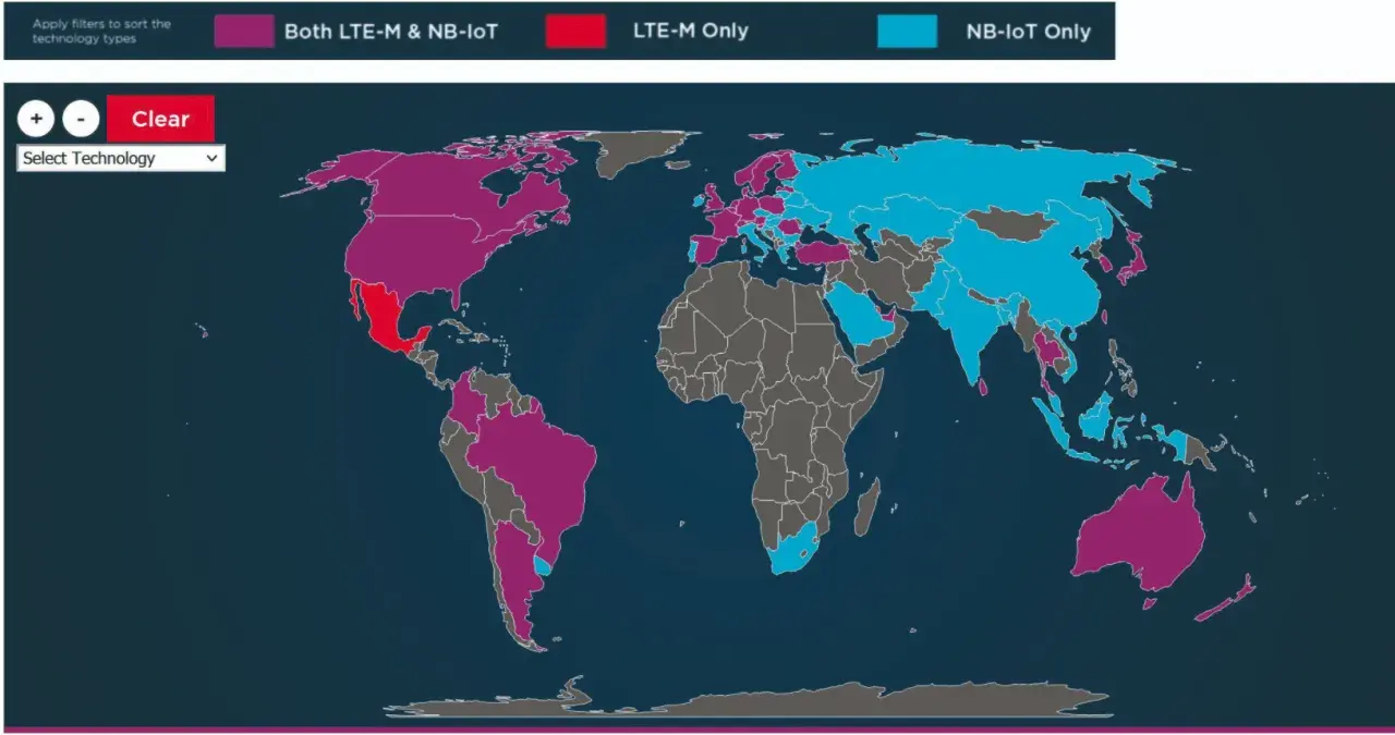 Weltkarte zeigt die Abdeckung von LTE-M und NB-IoT. Viele Länder nutzen beide Technologien, einige nur eine.