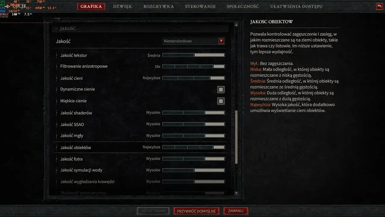 Ustawienia grafiki Diablo 4: Jakość obiektów na "Najwyższa" dla lepszych detali, ale może wpłynąć na wymagania sprzętowe.