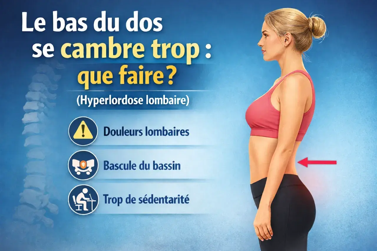 Femme avec une hyperlordose lombaire, le bas du dos se cambre trop. Causes : douleurs lombaires, bascule du bassin, sédentarité.