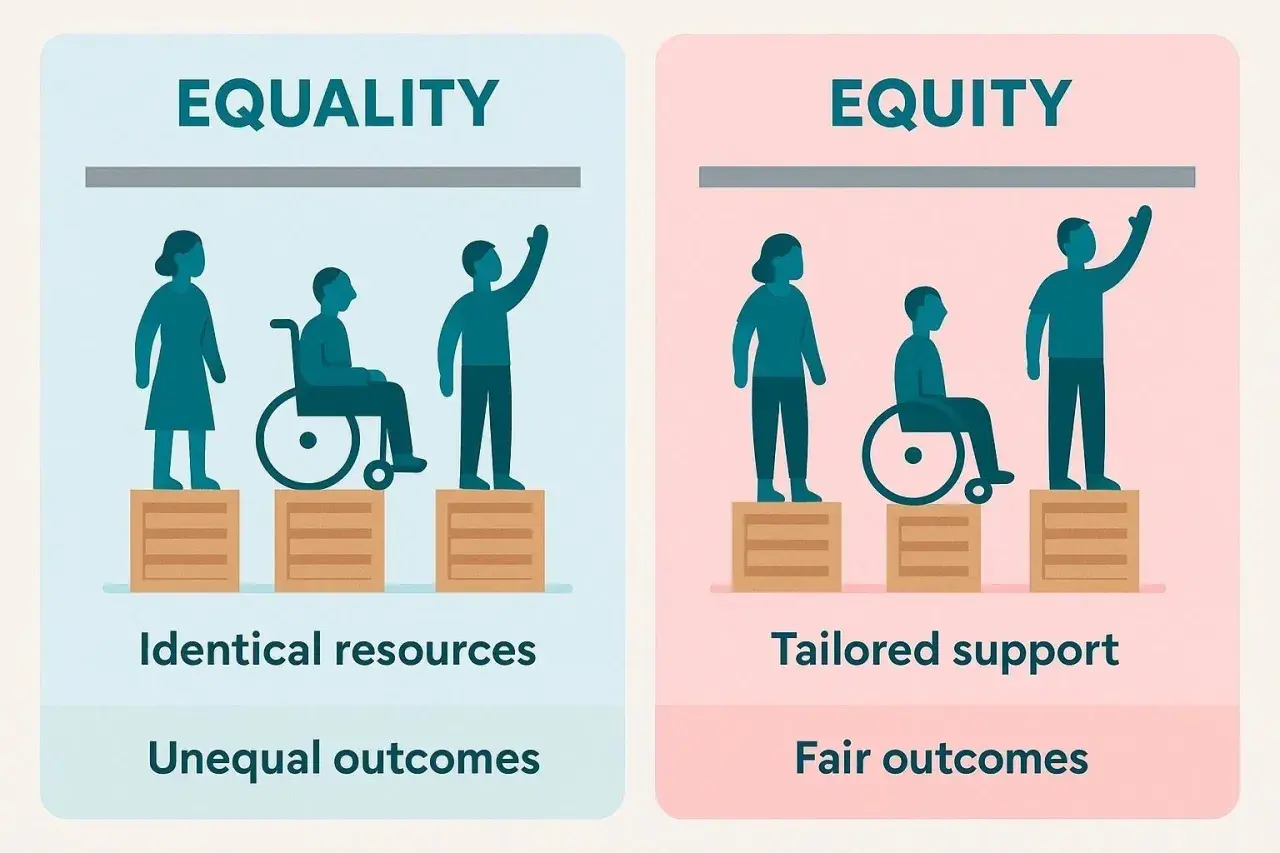 Illustration comparing equality (identical resources, unequal outcomes) with equity (tailored support, fair outcomes), highlighting the importance of equity for all.