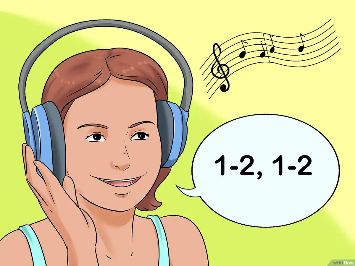 Une jeune femme écoute de la musique avec des écouteurs, comptant "1-2, 1-2". Un temps fort musical est représenté par des notes de musique.