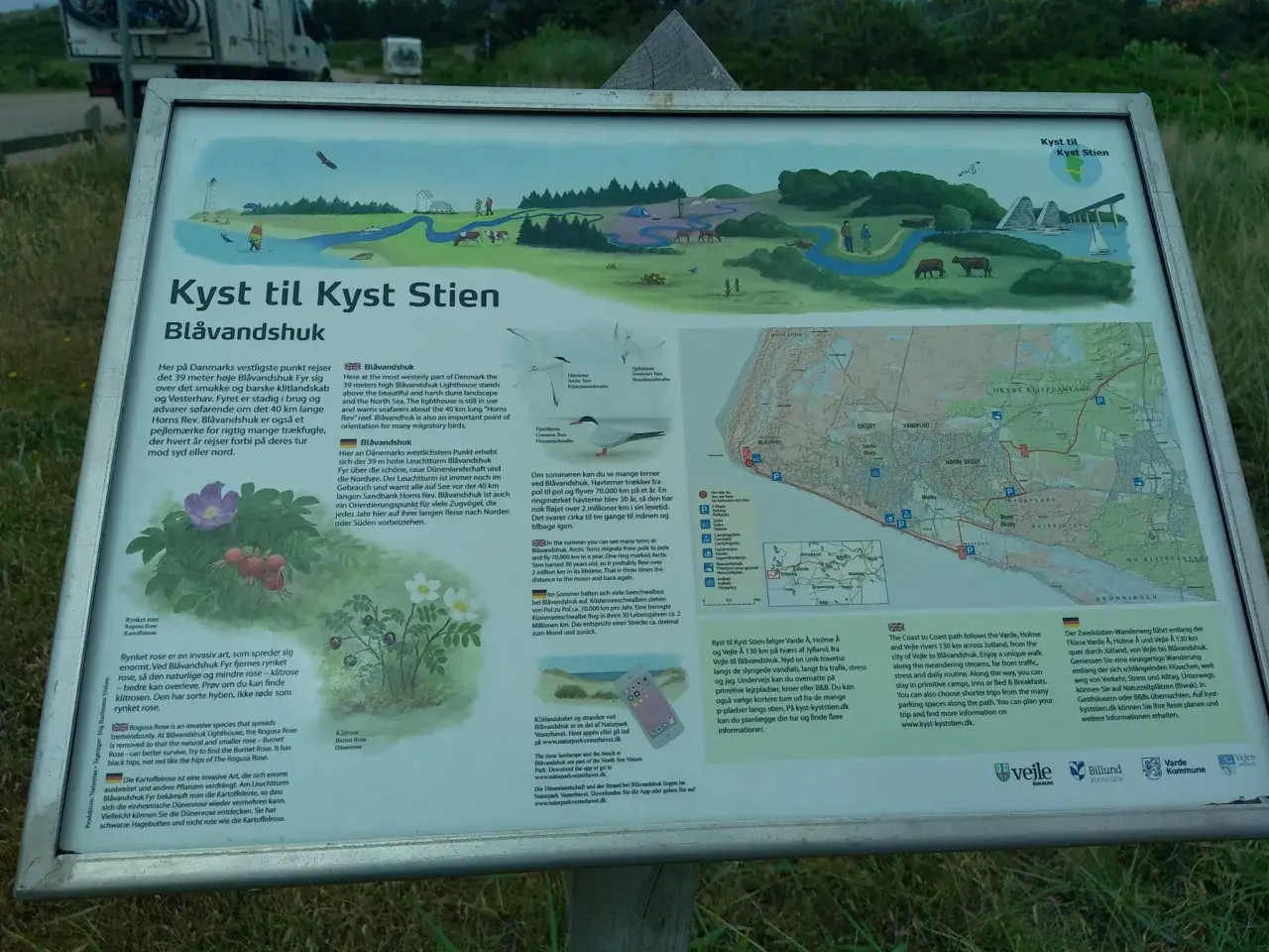 Die Karte zeigt den Verlauf des Kyst til Kyst Stien, der durch Jütland führt.