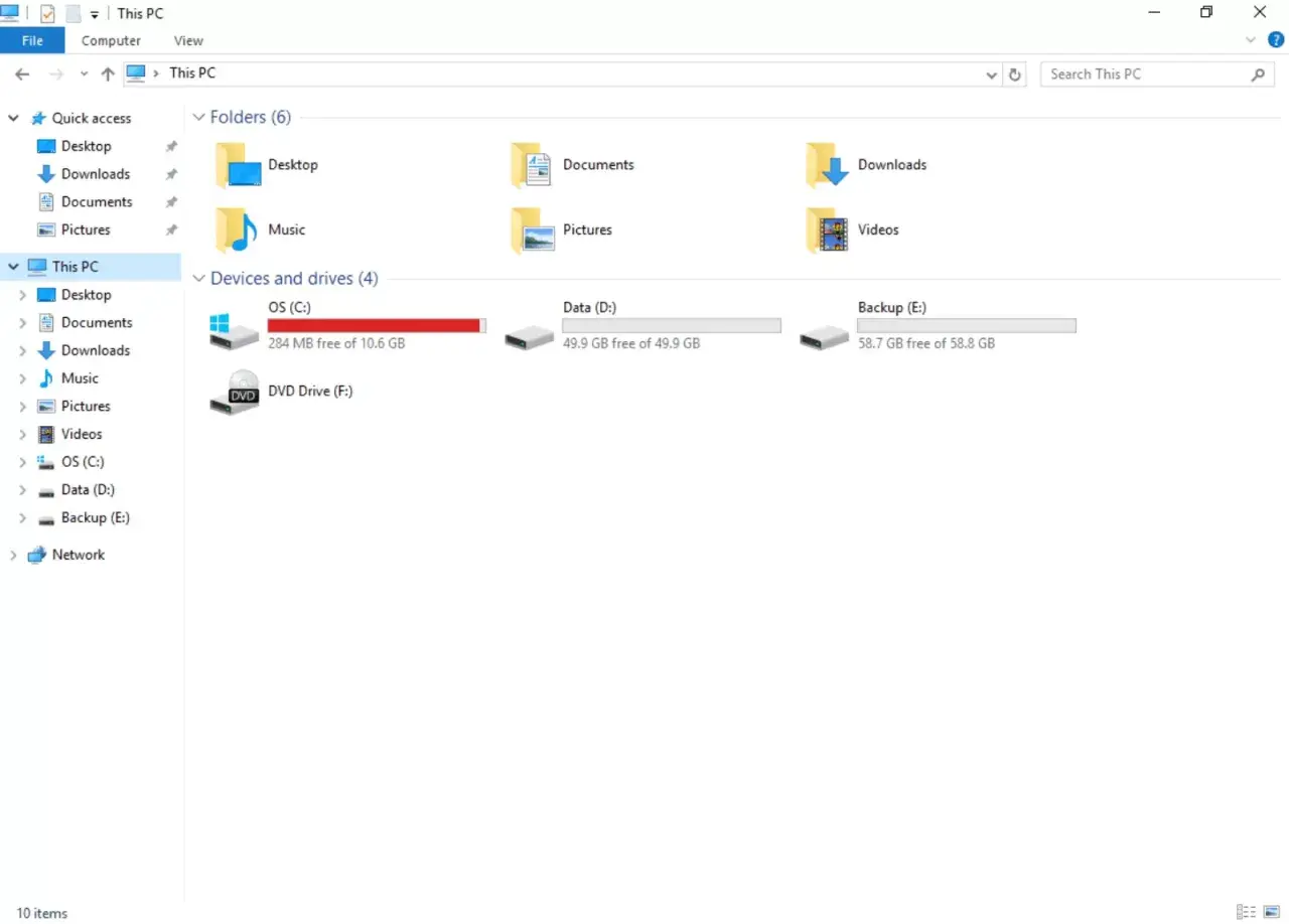 Windows Explorer zeigt Laufwerke an. Die C:-Partition hat nur noch 10,6 GB frei. Wie viel GB hat Ready or Not?