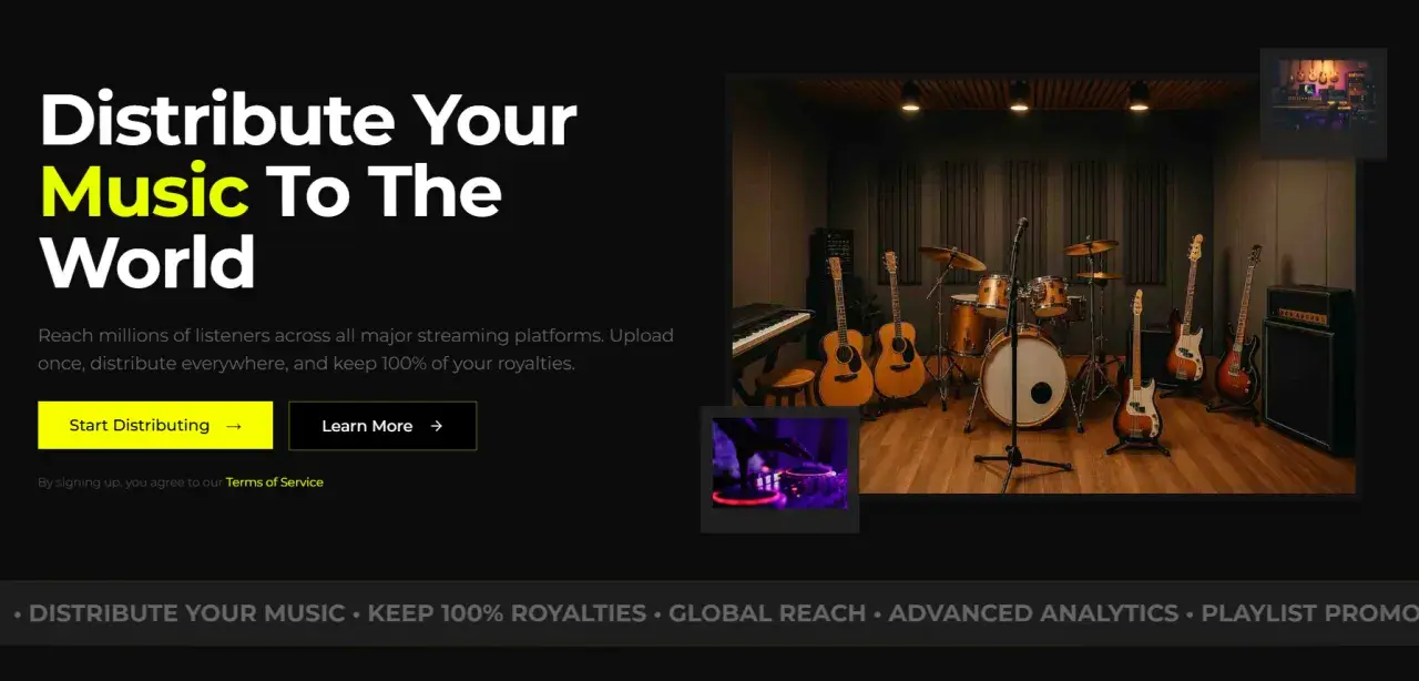 Learn how to copyright your music and distribute it globally. Image shows a music studio with instruments and DJ equipment.