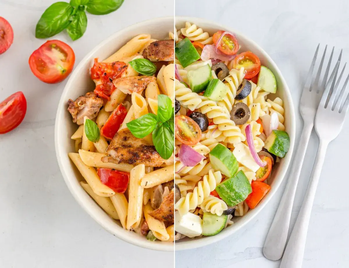 Dos deliciosas ensaladas de pasta: una con pollo a la parrilla y tomates, la otra con verduras frescas y queso.
