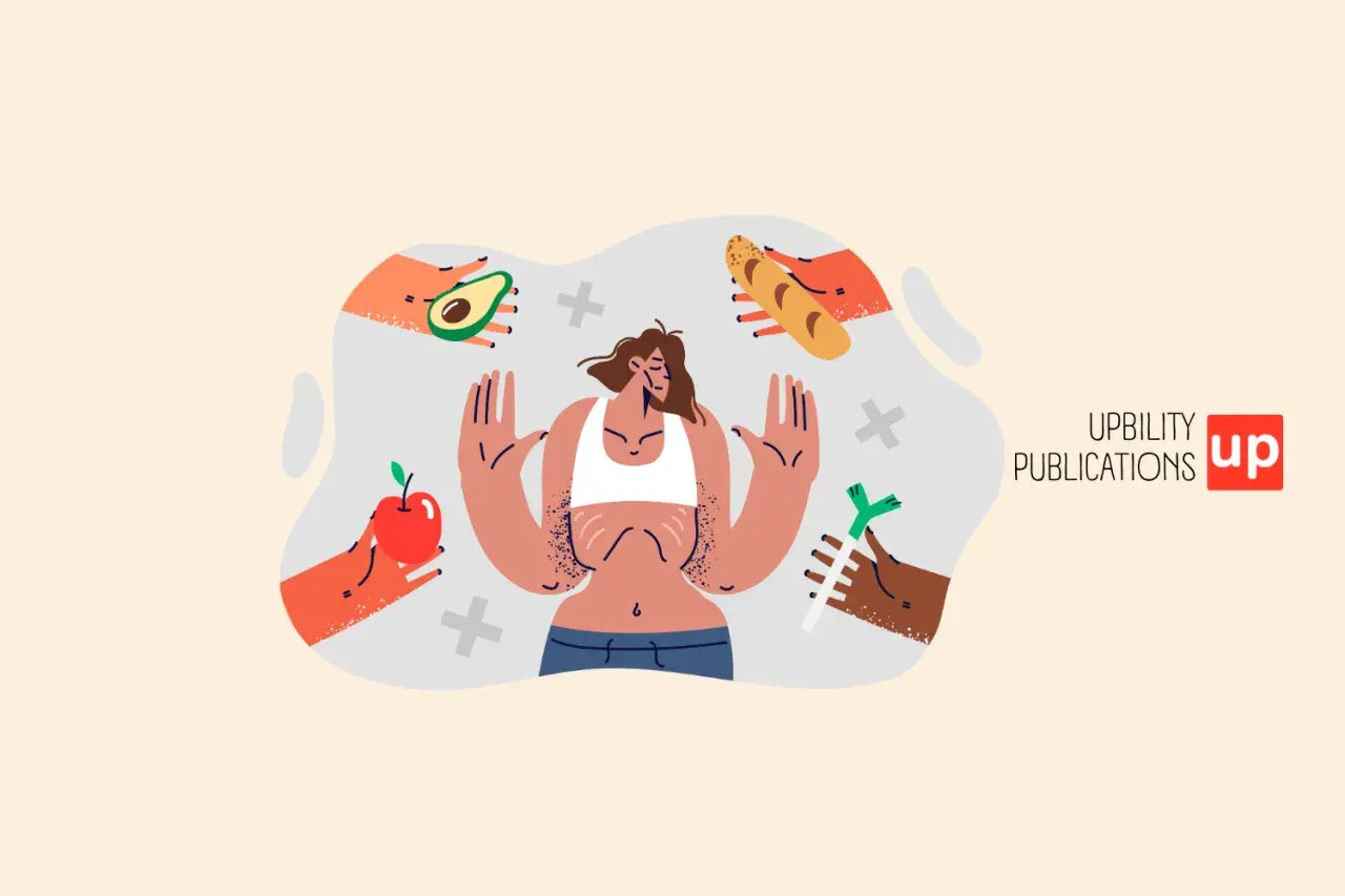 Mani offrono cibo a una persona che lotta con disturbi alimentari. Un'illustrazione che simboleggia la pressione e la confusione.