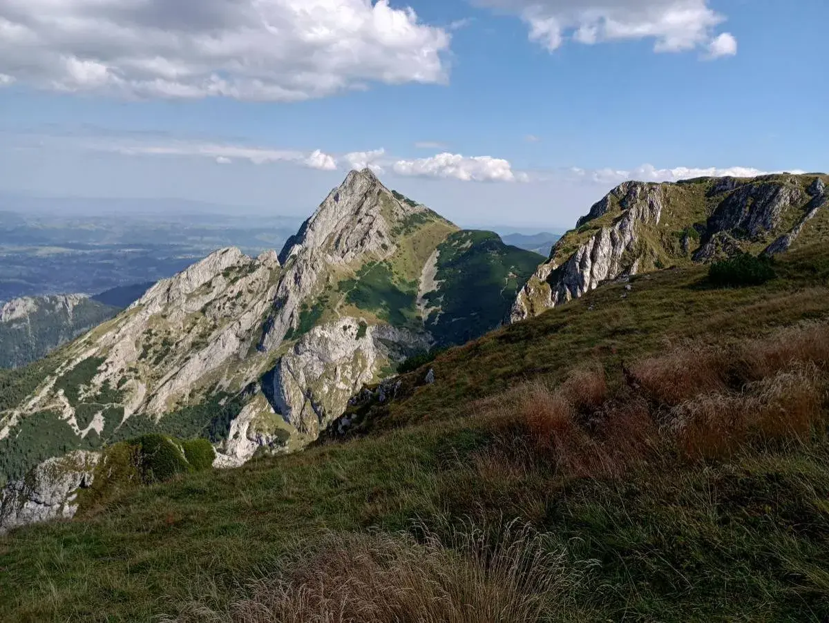 Widok na skaliste szczyty i zielone zbocza. Na pierwszym planie trawy, w oddali dolina małej łąki.