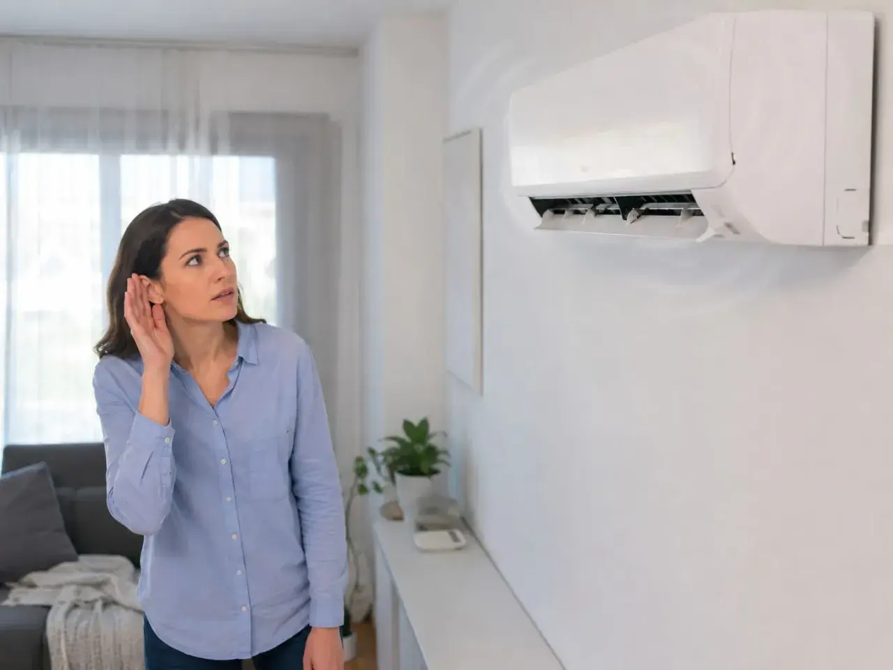 Mujer escucha atentamente el **ruido del aire acondicionado**, preocupada por un sonido inusual.