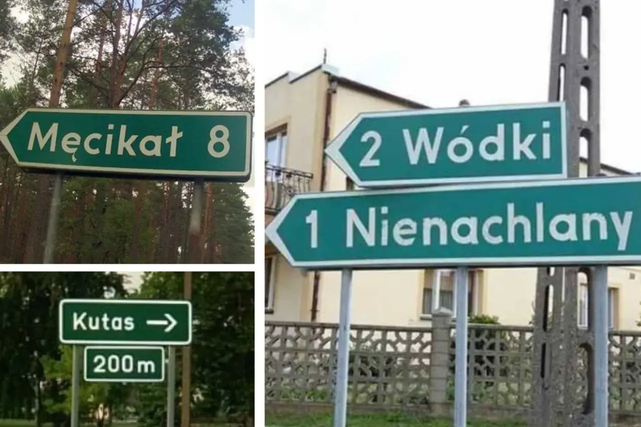 Znaki drogowe z zabawnymi nazwami miejscowości: Męcikat, Kutas, Wódki, Nienachlany.