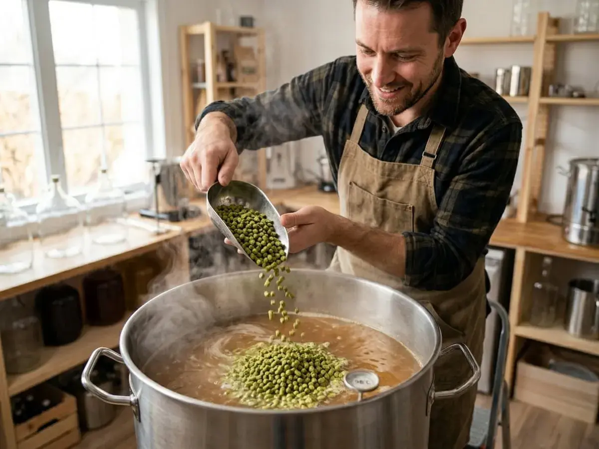 Un brasseur ajoute du houblon à une grande marmite pour préparer une ipa bier.
