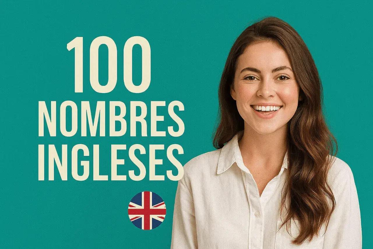 Una mujer sonríe junto a "100 NOMBRES INGLESES". Descubre apellidos ingleses elegantes para tu bebé.