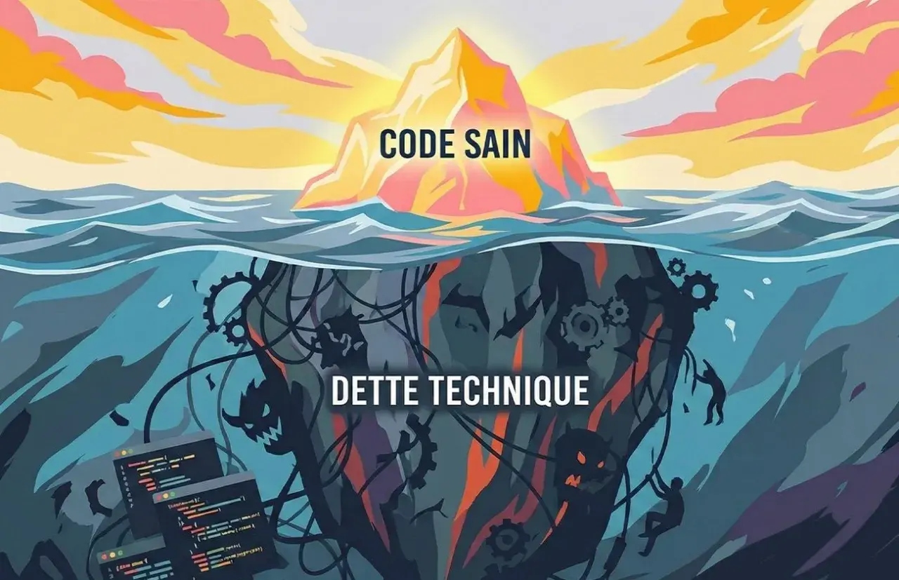 Iceberg : "Code Sain" au sommet, "Dette Technique" cachée sous l'eau avec des engrenages et des démons. Le stack web est complexe.