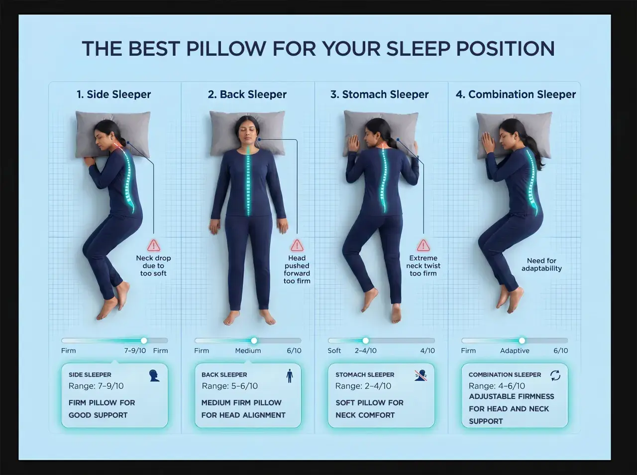 Pillow firmness scale for side, back, stomach, and combination sleepers. Ranges from soft to firm, with recommendations for each sleep position.