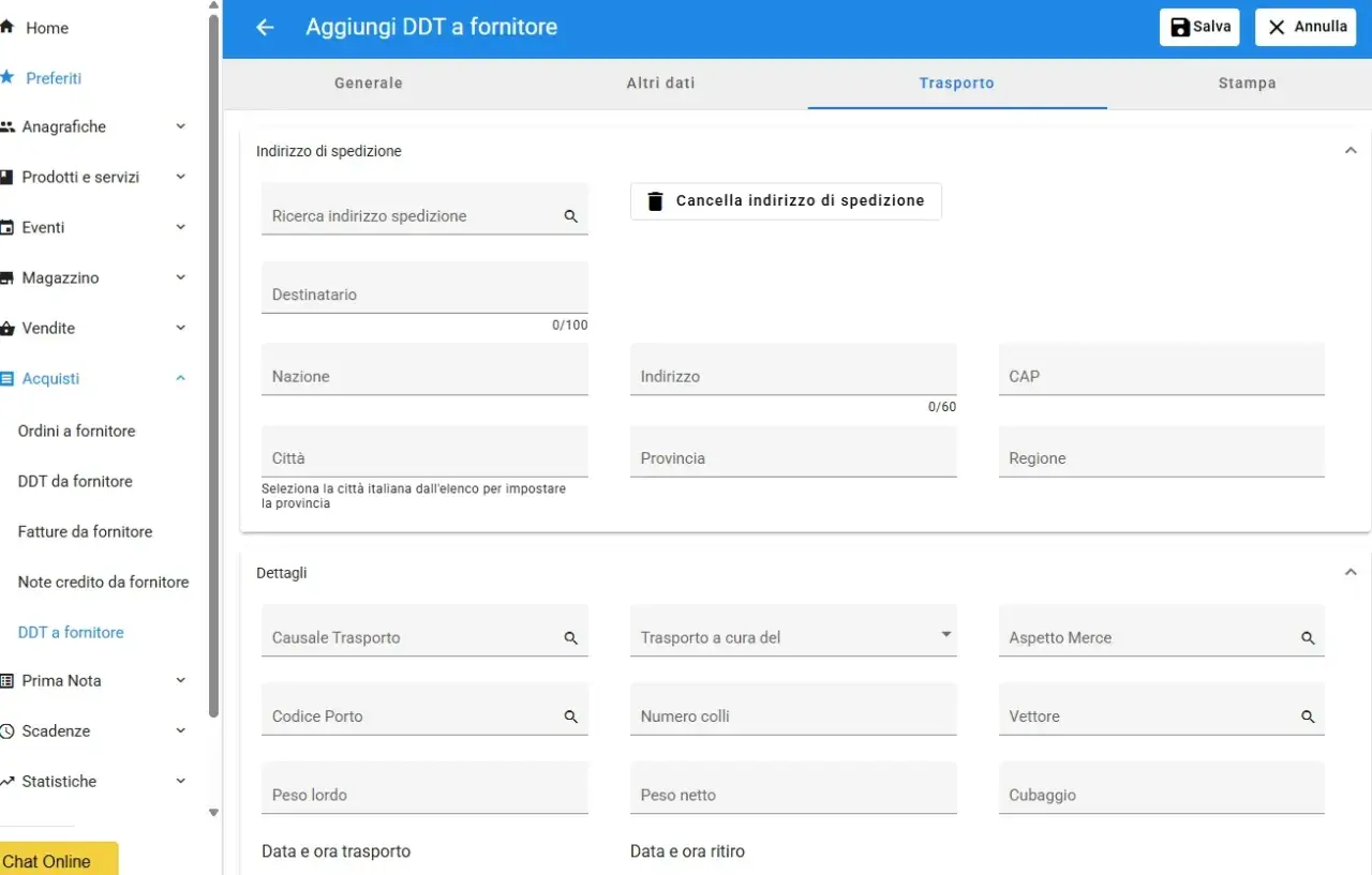 Interfaccia per aggiungere un DDT a fornitore, con campi per indirizzo, dettagli trasporto e dati di spedizione. Il sistema gestisce il ddt excel.