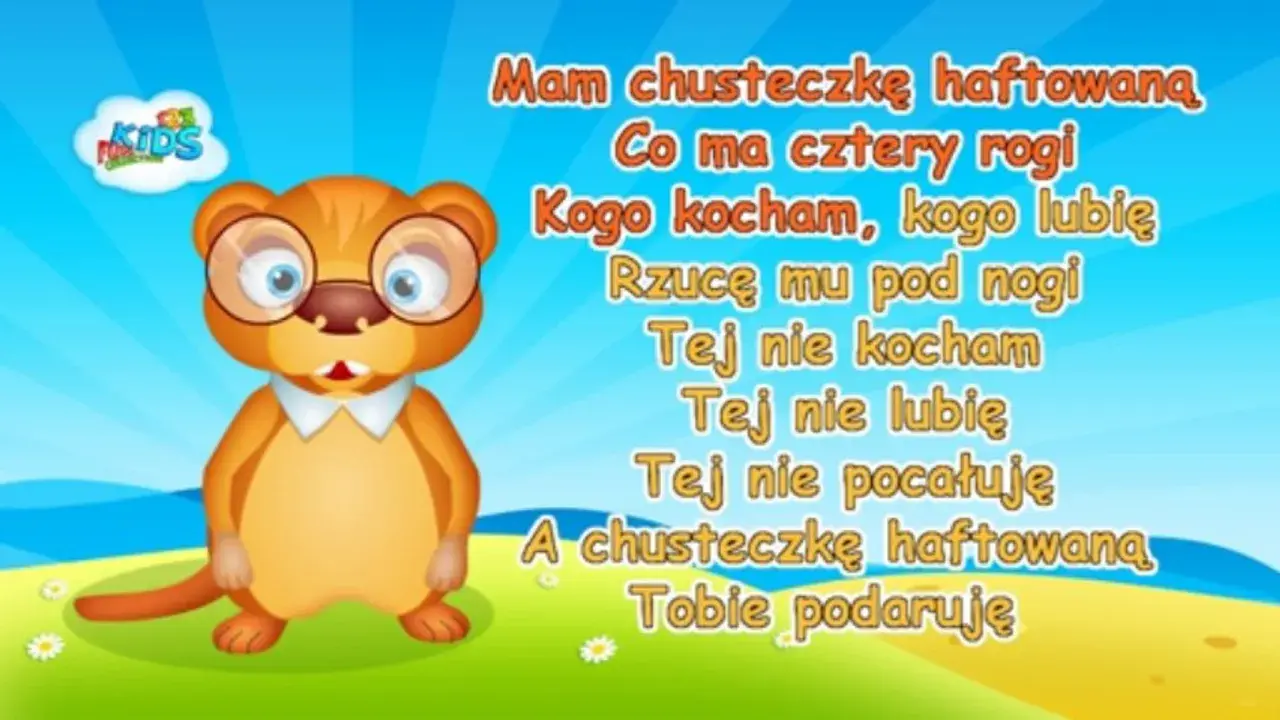 Uroczy, okularowy bóbr śpiewa piosenkę "Mam chusteczkę haftowaną" na tle błękitnego nieba i zielonej łąki.