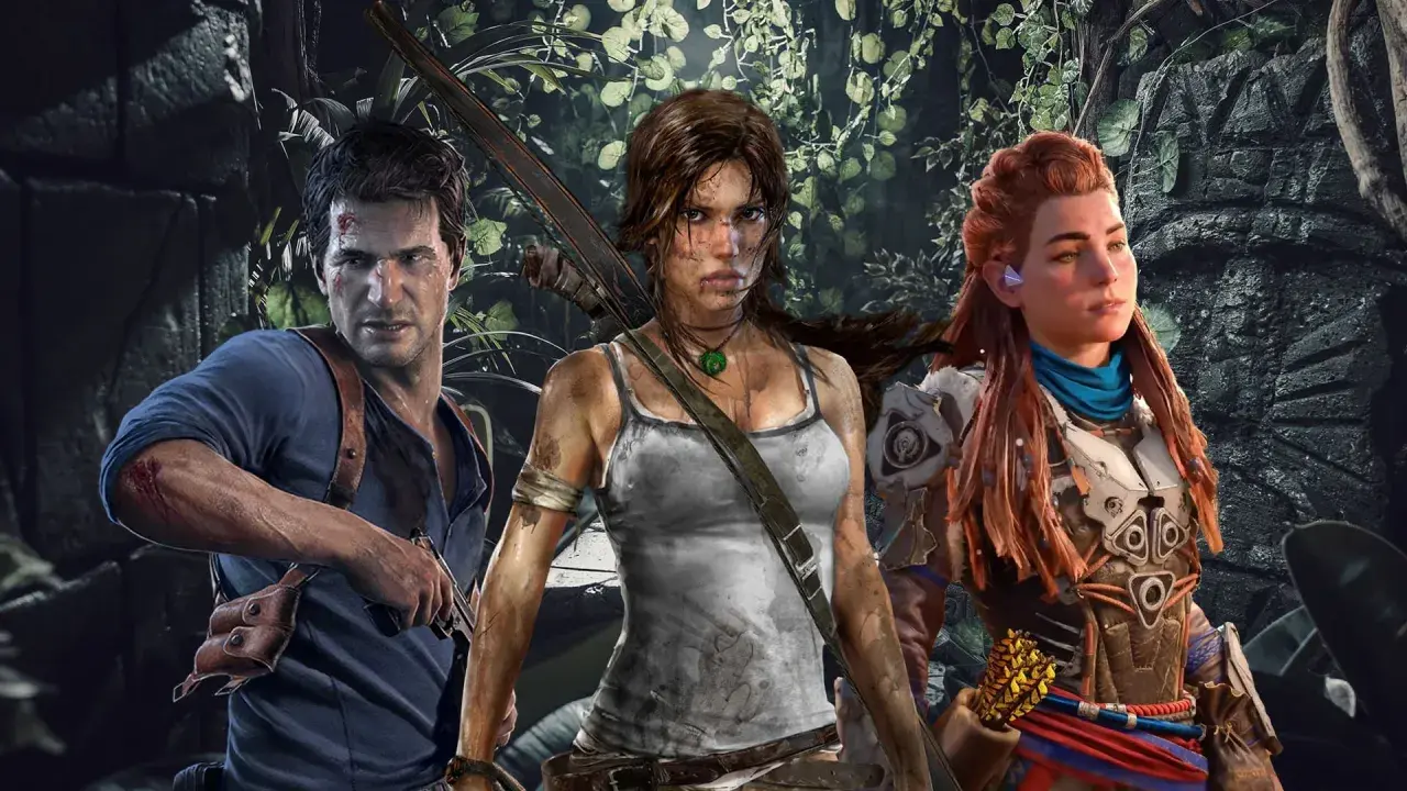 Nathan Drake, Lara Croft i Aloy – bohaterowie gier podobnych do Tomb Raider, gotowi na przygodę w dżungli.