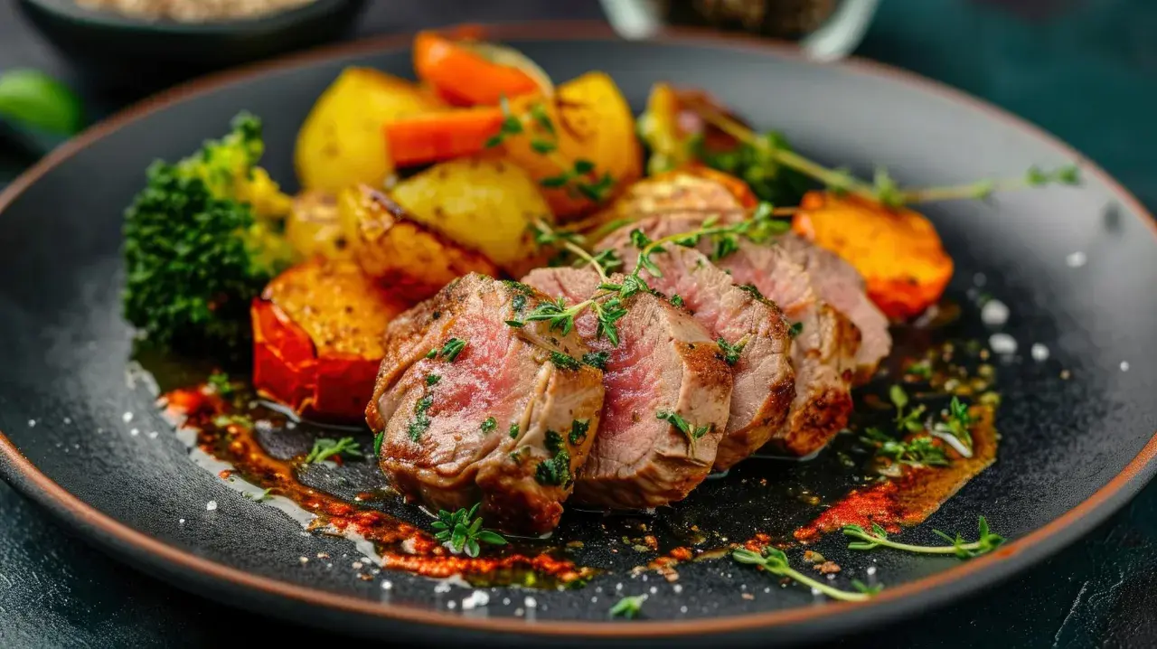 Solomillo de cerdo jugoso en airfryer, servido con patatas asadas, brócoli y zanahoria. ¡Un plato perfecto!
