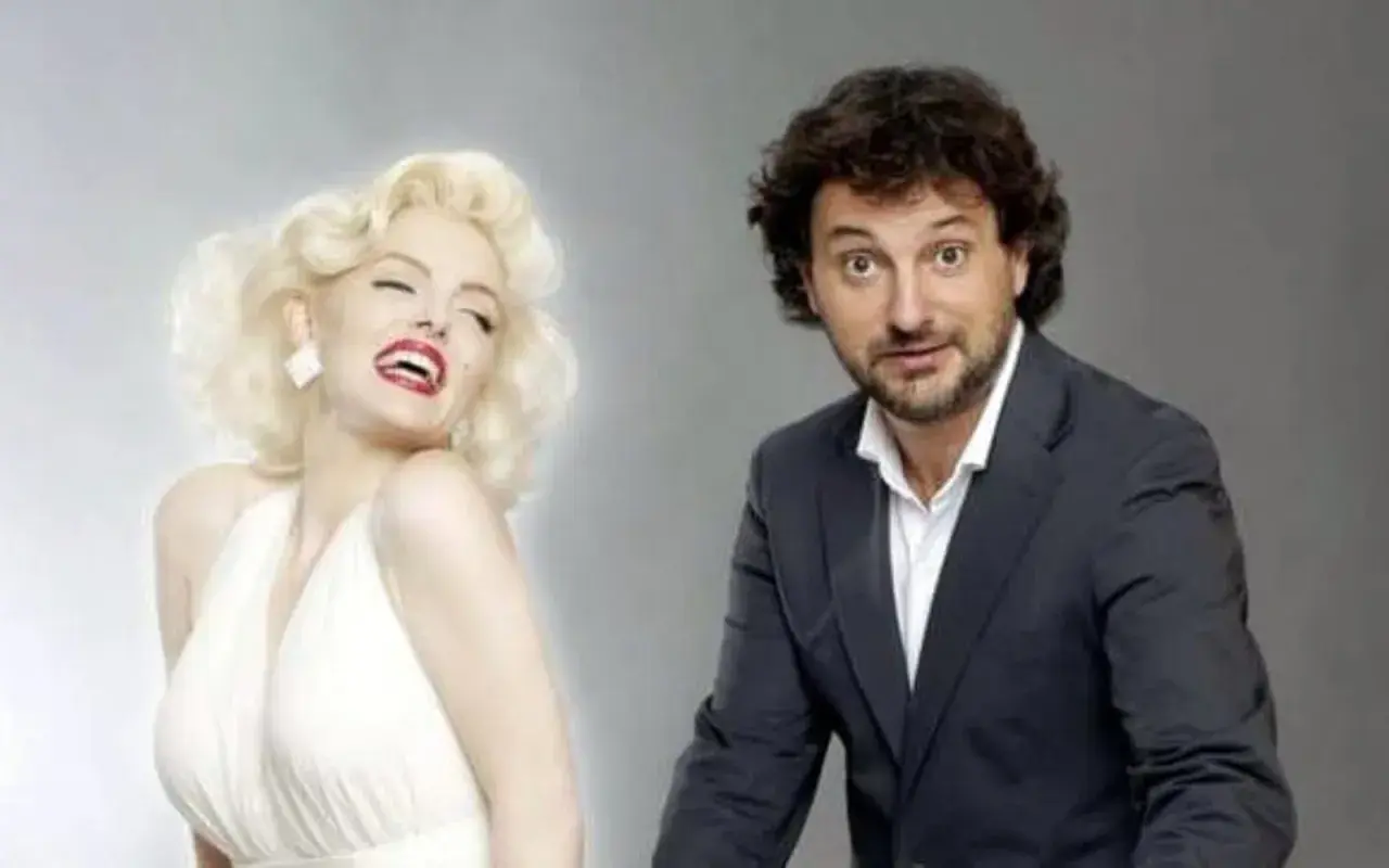 Un uomo con un completo scuro guarda sorpreso una donna bionda vestita di bianco, che ricorda Marilyn Monroe. Sembra il suo amico immaginario in età adulta.