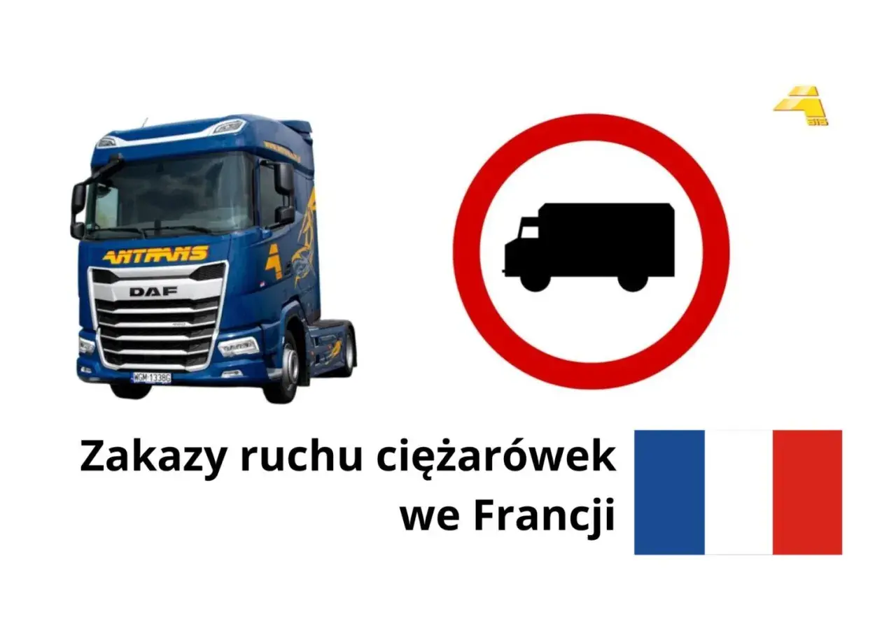Niebieska ciężarówka DAF obok znaku zakazu ruchu dla pojazdów ciężarowych. Tekst: "Zakazy ruchu ciężarówek we Francji" i flaga Francji.
