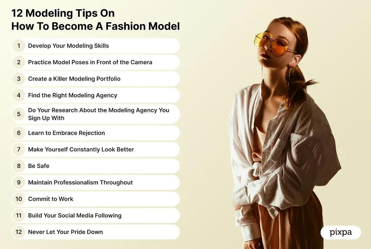 Joven modelo con gafas naranjas, lista para aprender como ser modelo. Consejos para una carrera exitosa.