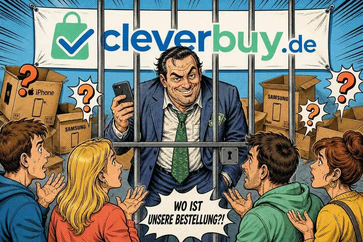 Ein Mann hinter Gittern, der cleverbuy.de repräsentiert, hält ein Smartphone. Kunden fragen verzweifelt: "Wo ist unsere Bestellung?!