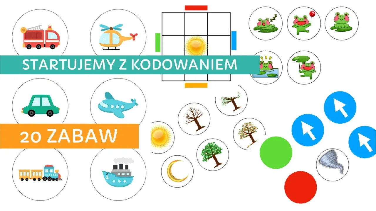 Startujemy z kodowaniem! Wesołe pojazdy, żaby i drzewa pomogą dzieciom w nauce. 20 zabaw.
