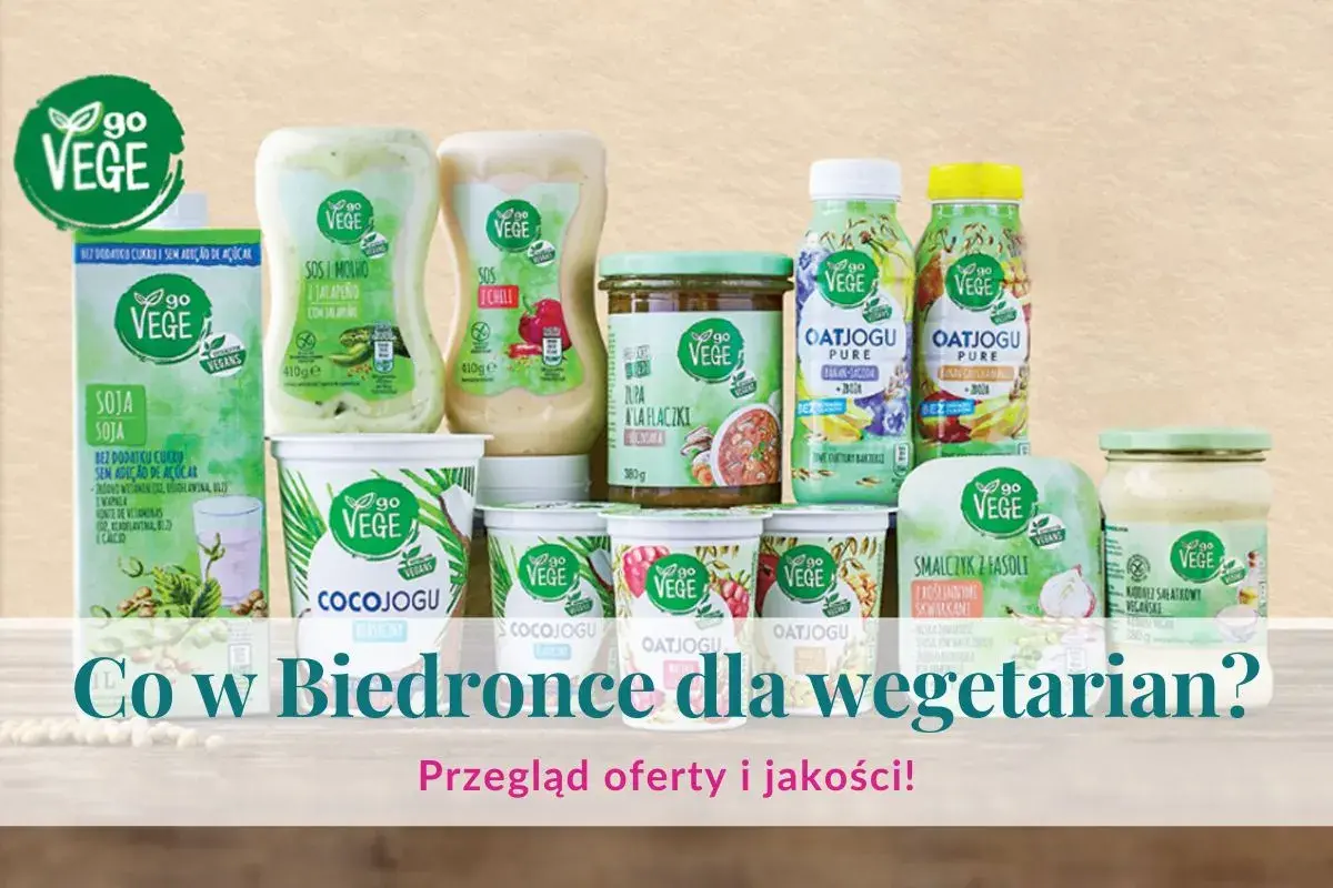 Różnorodne produkty roślinne marki Go Vege: sosy, jogurty, napoje, smalczyk i majonez.