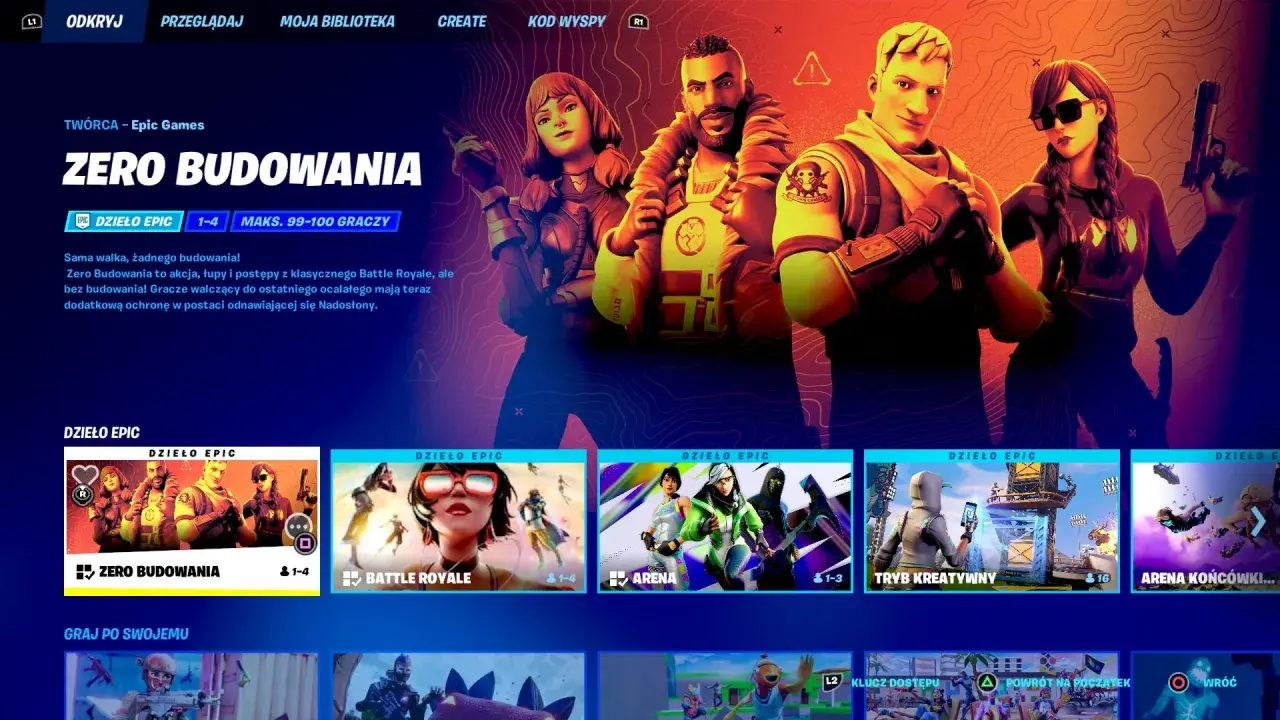 Postacie z gry Fortnite w trybie Zero Budowania. To popularne gry online, gdzie gracze walczą bez budowania.