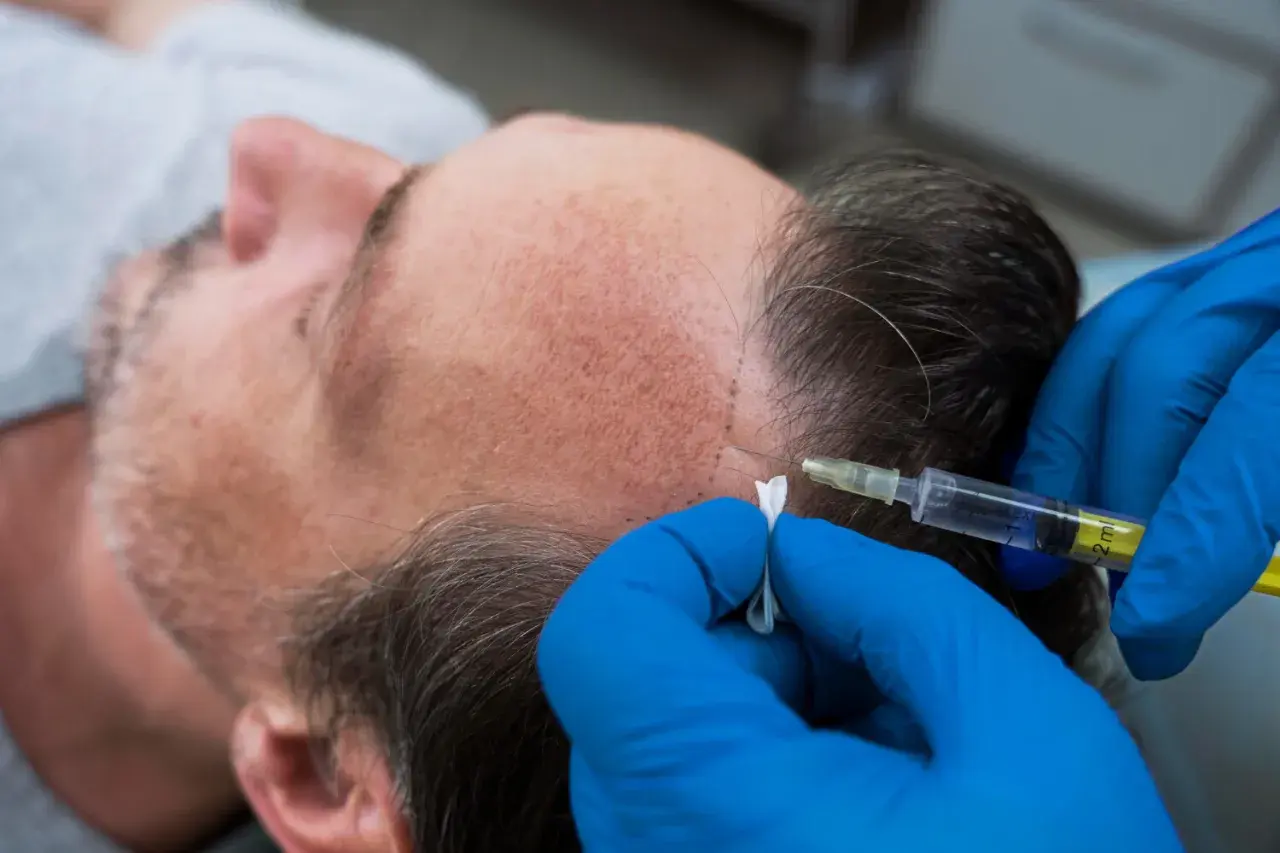 Man recibe tratamiento de cauterización capilar con inyección en la línea del cabello.