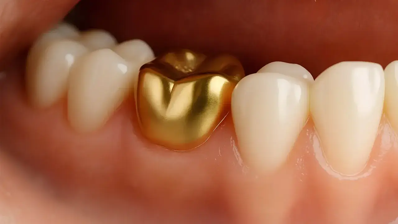 Un dente con una corona in oro brilla tra altri denti bianchi, un tocco di lusso per un sorriso.