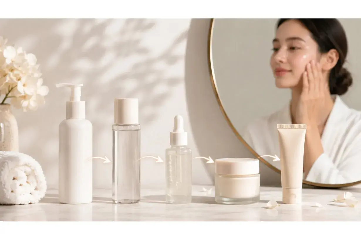 I prodotti per la cura della pelle mostrati seguono i passaggi per una routine perfetta. Una donna si guarda allo specchio, applicando la crema.