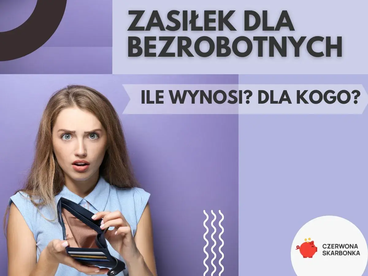 Zaskoczona kobieta pokazuje pusty portfel, zastanawiając się, ile wynosi zasiłek dla bezrobotnych.