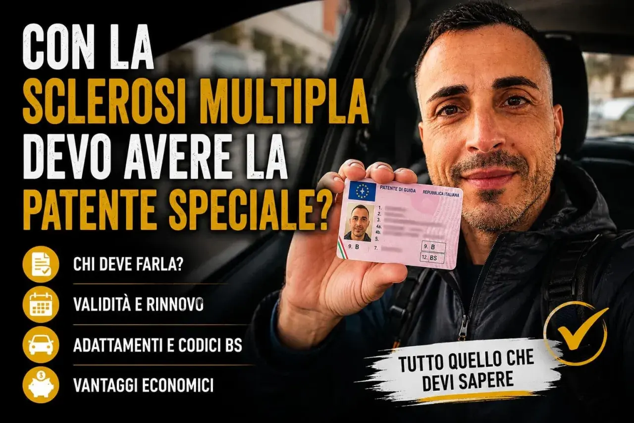 Uomo mostra patente, con testo su sclerosi multipla, patente speciale, scala EDSS e percentuale invalidità.