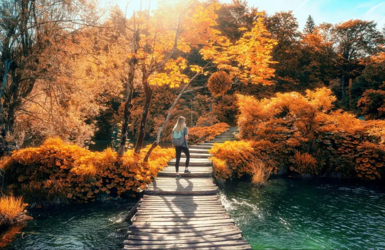 Frau wandert auf Holzsteg durch Herbstlaub in Kroatien. Das Wetter im Oktober ist sonnig und warm, perfekt für diese malerische Landschaft.