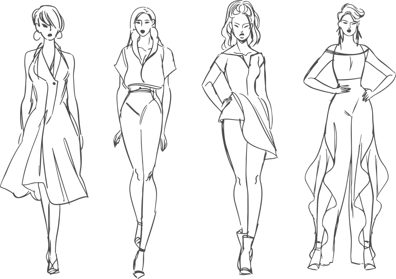 Croquis de mode : quatre silhouettes féminines élégantes, esquissées par un modeliste styliste.
