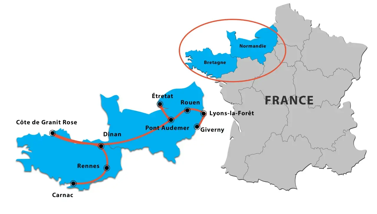 Carte de France montrant un itinéraire en camping-car à travers la Bretagne et la Normandie, incluant Étretat, Rouen et Giverny.