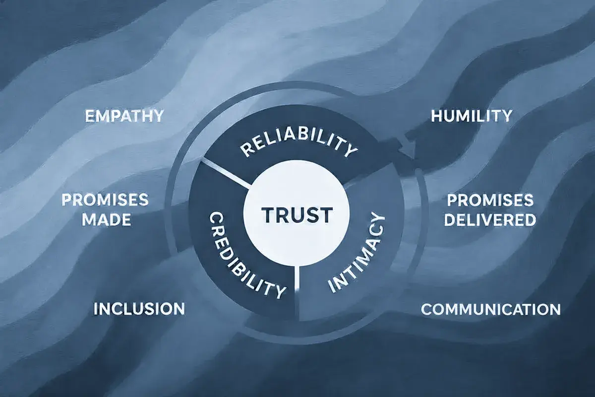 Diagram illustrating the core components of ethical leadership: trust, reliability, credibility, intimacy, empathy, humility, inclusion, promises made, promises delivered, and communication.