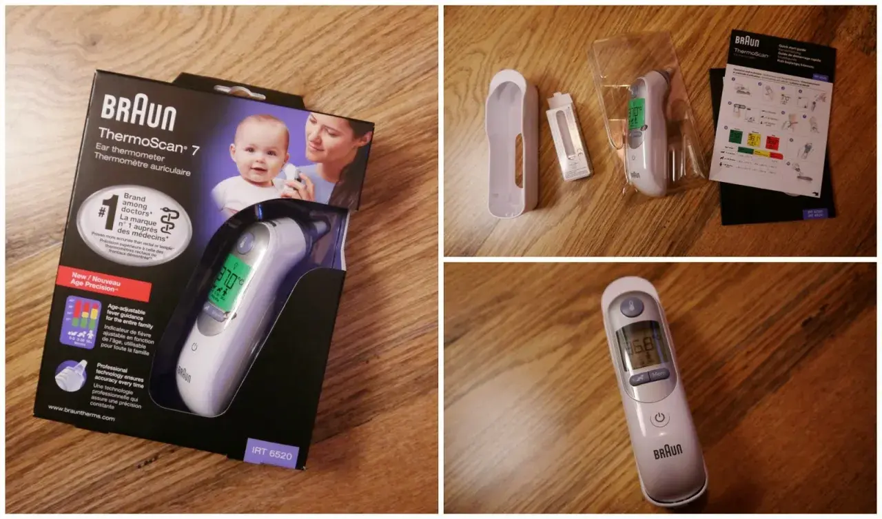 Braun örontermometer visar fel. En ny Braun ThermoScan 7 ligger i sin förpackning, redo att mäta feber.
