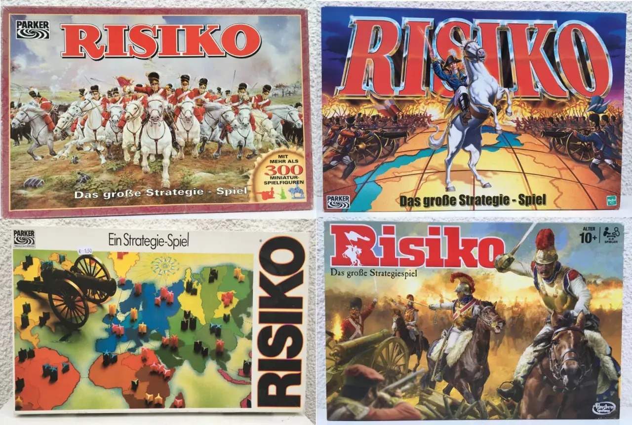 Vier verschiedene Risiko Brettspiel Versionen mit historischen Motiven.
