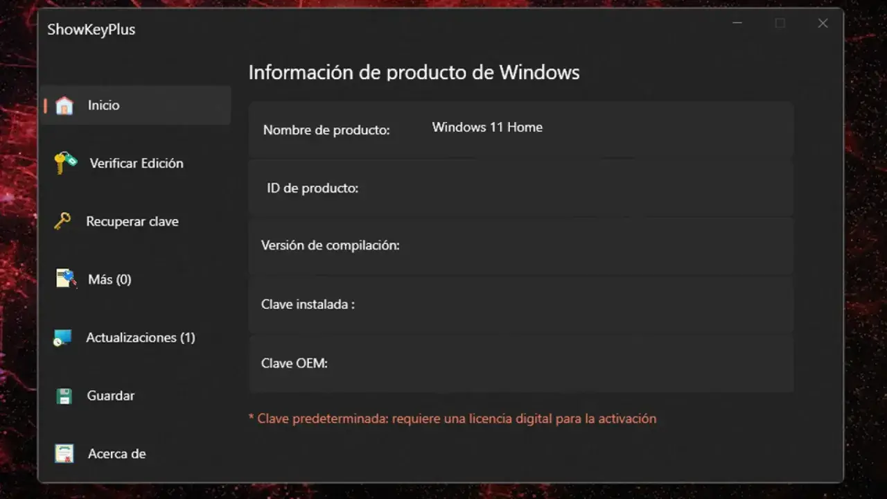 Ventana de ShowKeyPlus para ver licencia Windows 11 Home. Muestra información del producto, ID, versión y clave instalada.