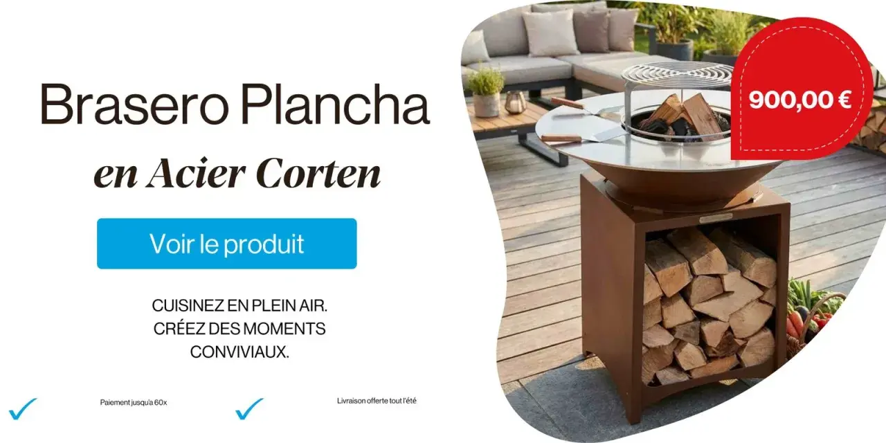 Brasero plancha en Acier Corten, idéal pour le nettoyage et la convivialité en plein air. Prix : 900,00 €.