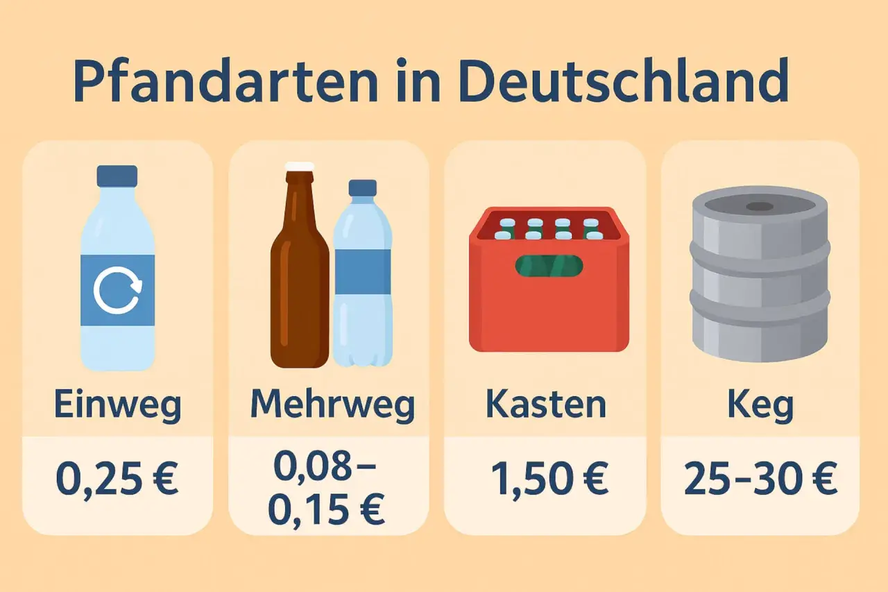 Pfandarten in Deutschland: Einwegflasche (0,25€), Mehrwegflaschen (0,08-0,15€), Kasten (1,50€), Keg (25-30€).