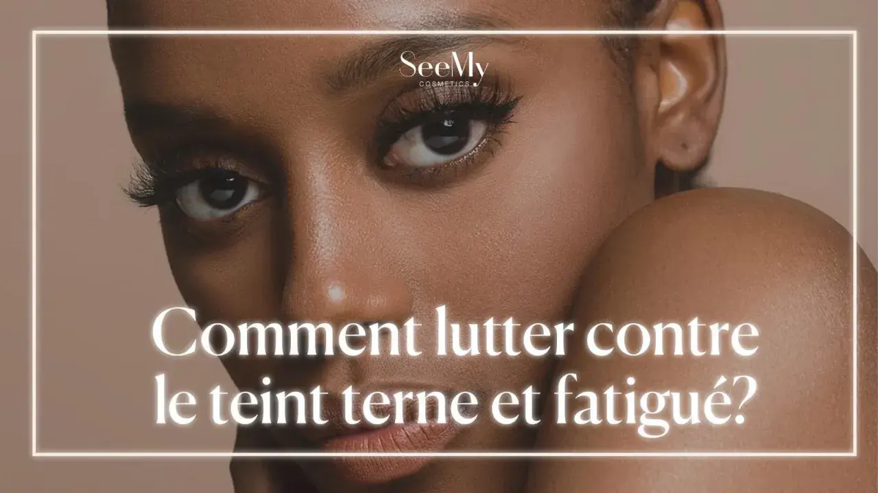 Un gros plan sur le visage d'une femme, mettant en valeur sa peau. Le texte demande comment lutter contre le teint terne et fatigué.