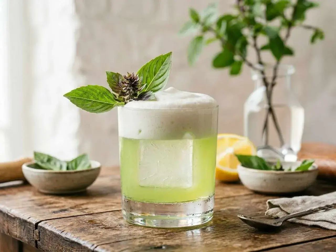 En uppfriskande thaibasilika drink med skummig topp, garnerad med färska blad. En perfekt sommardrink!